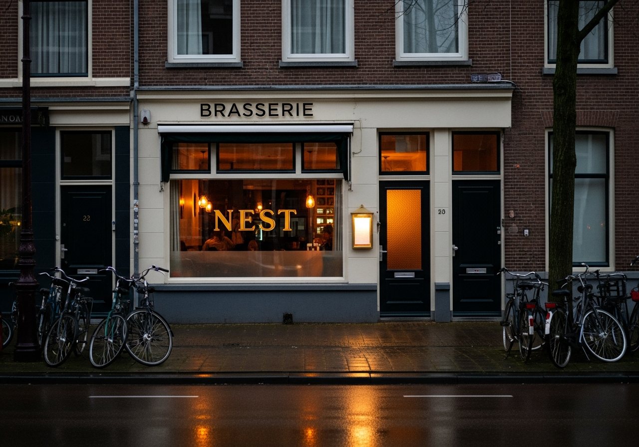 Visualisatie van klassieke gouden raambelettering op de pui van een brasserie