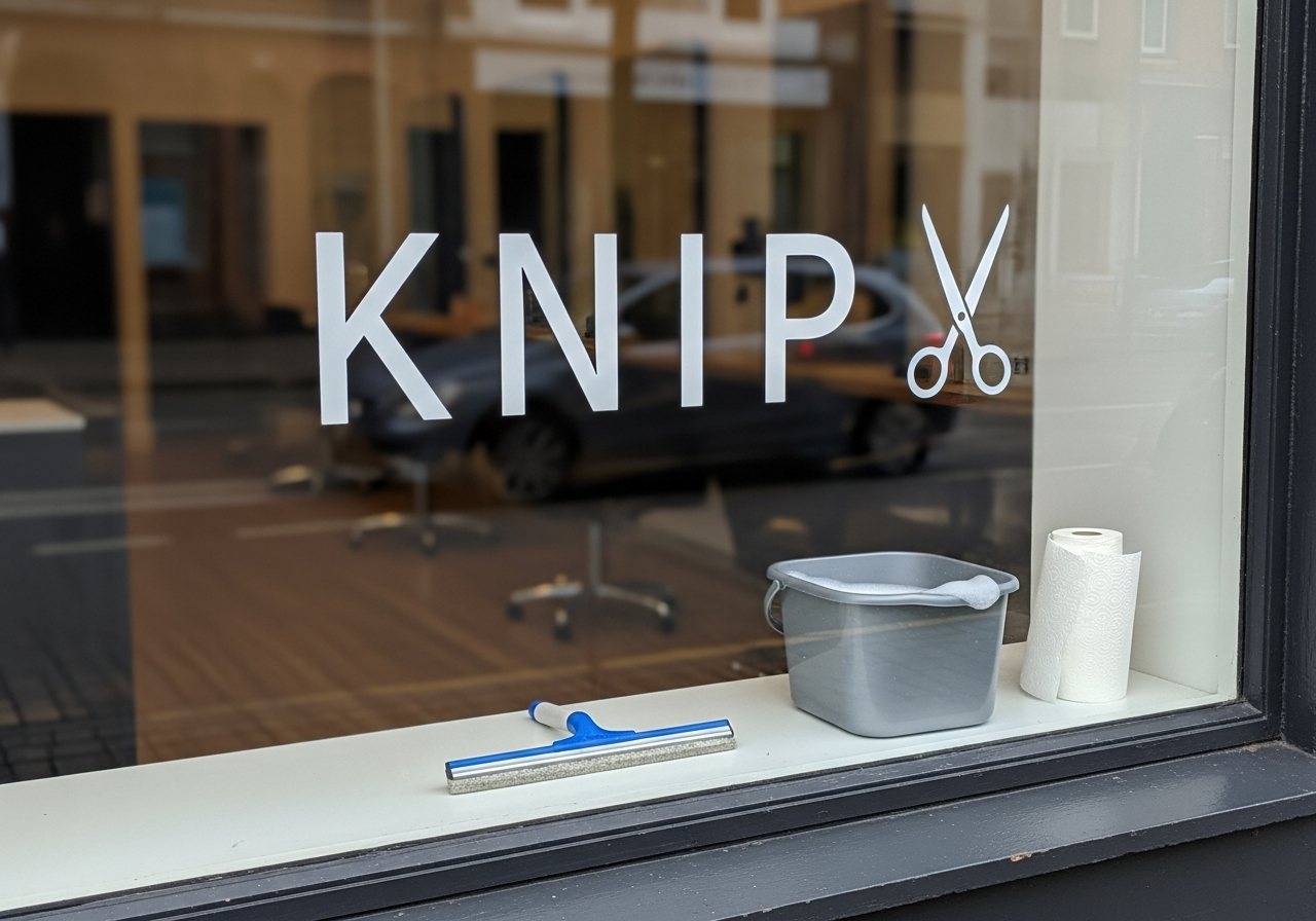 Visualisatie van net aangebrachte raambelettering bij een kapper, met rakel en emmer op de vensterbank