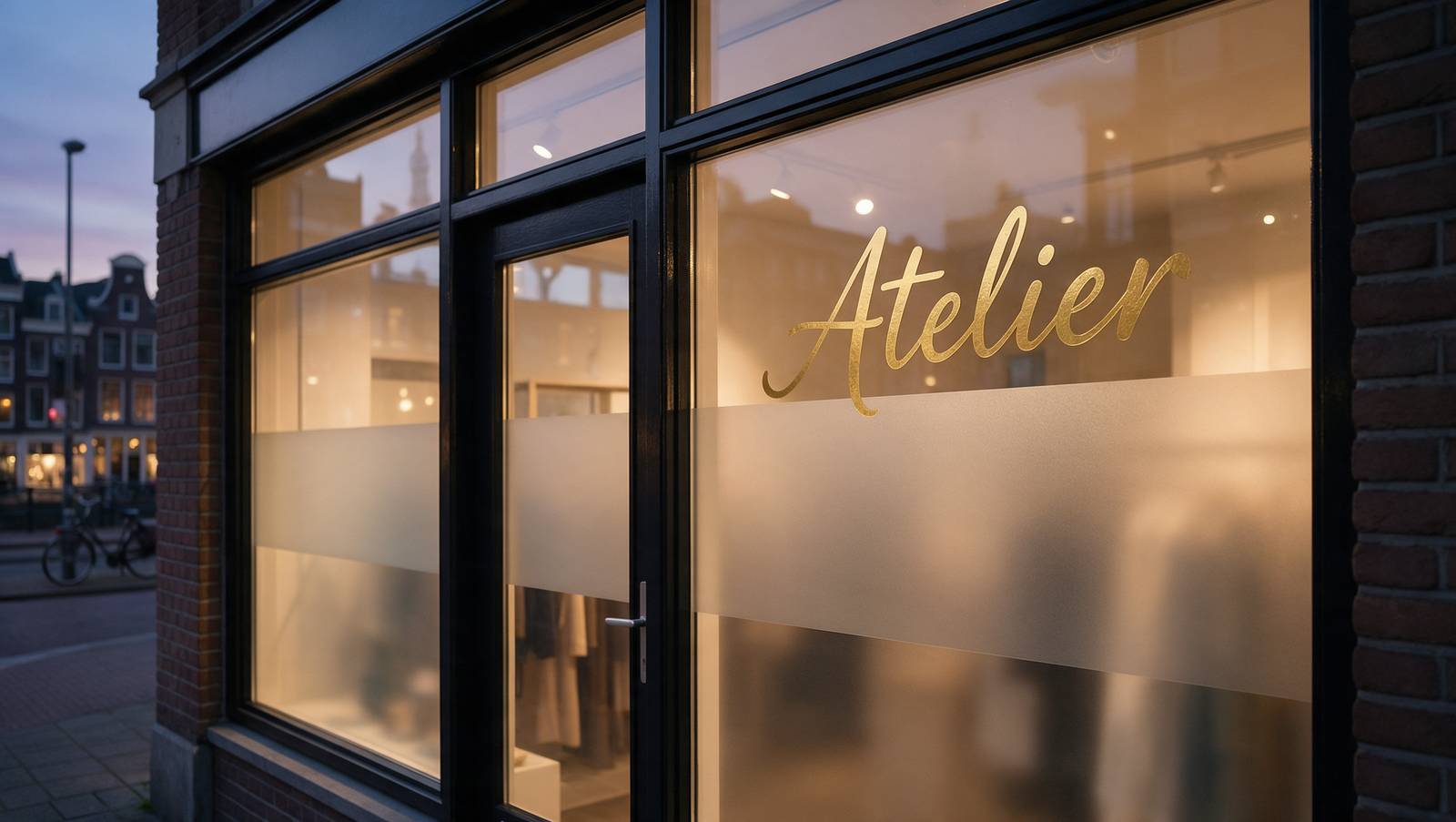 Winkelpui met gouden raambelettering en matglasfolie