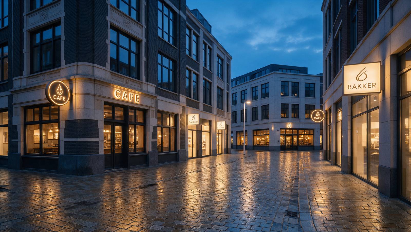 Winkelstraat in de avond met verlichte gevelreclame en lichtbakken