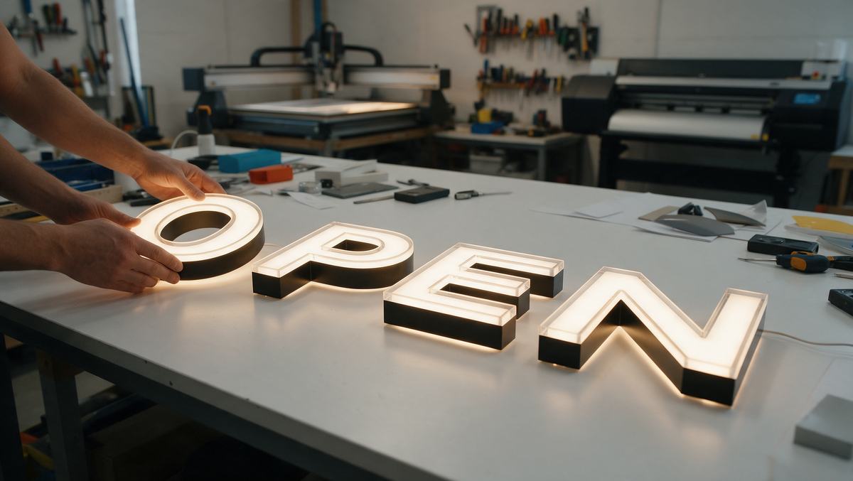 Verlichte doosletters worden in de werkplaats uitgelijnd
